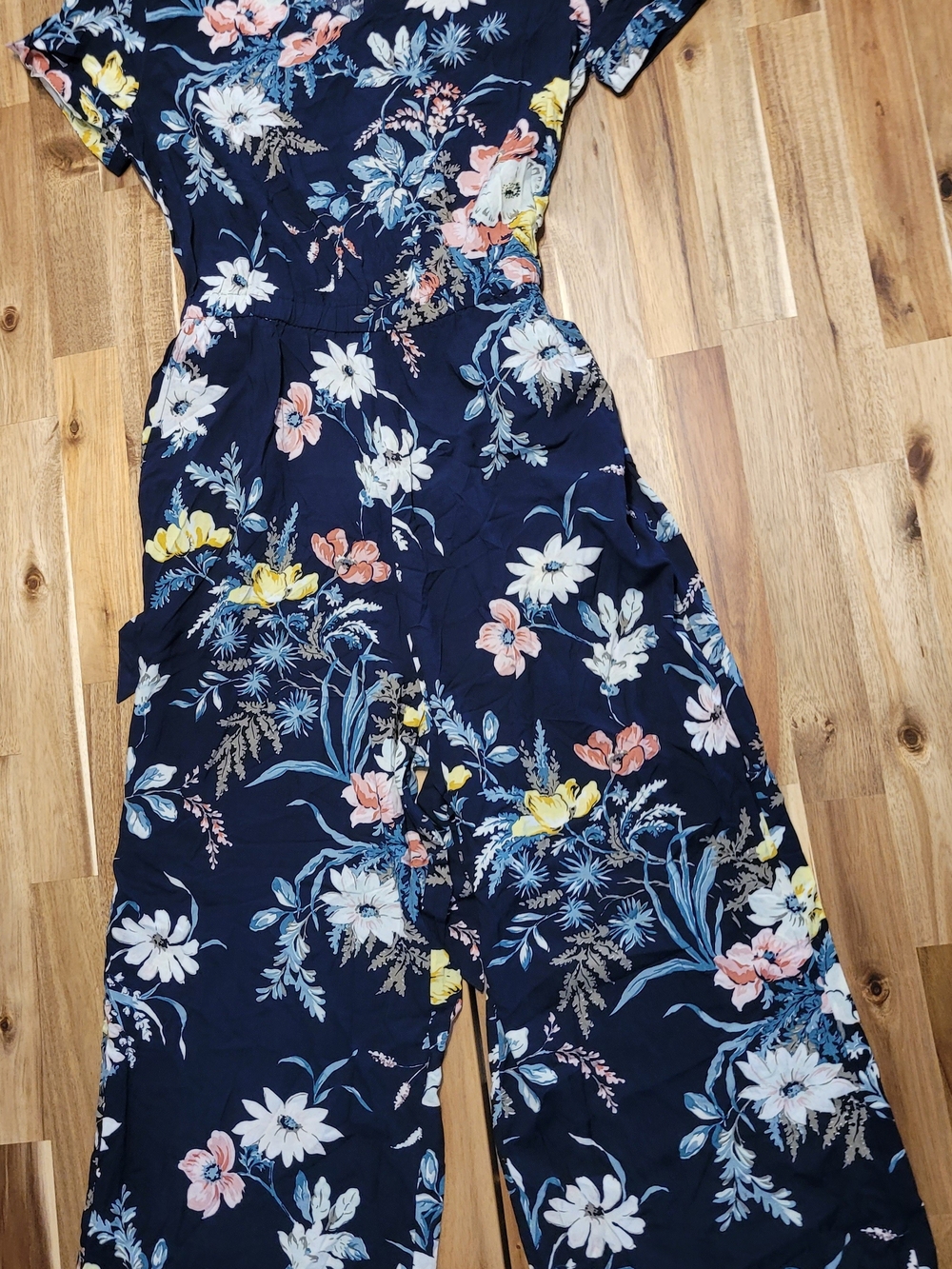 LOFT Navy Floral Wide-Leg Jumpsuit with Pink Yellow Accents